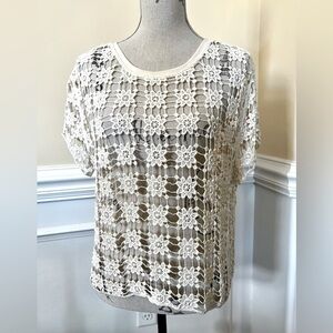 Ivory, Boho Crocheted Knit Lace Pullover Crisscross Cap Sleeves Top.